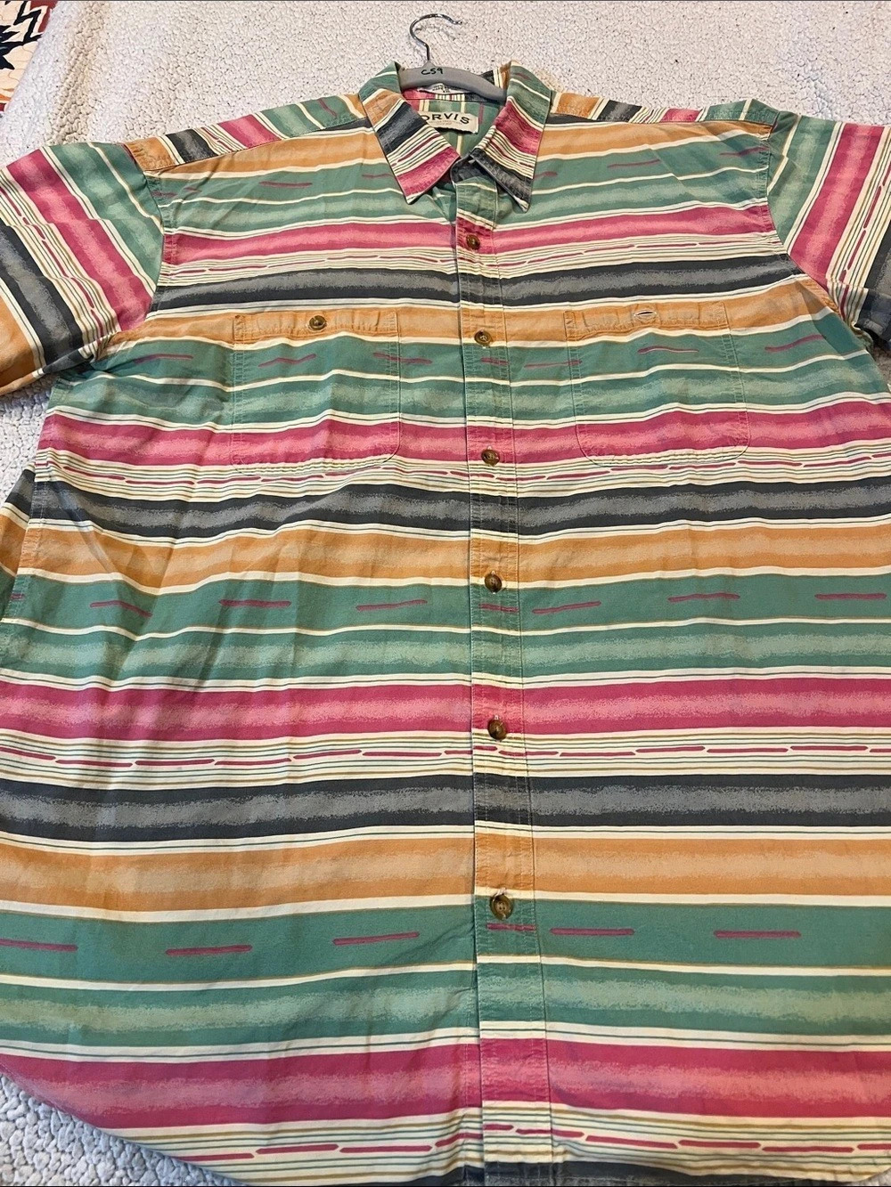 Orvis Men's Striped Button-Down Shirt in Green & Pink